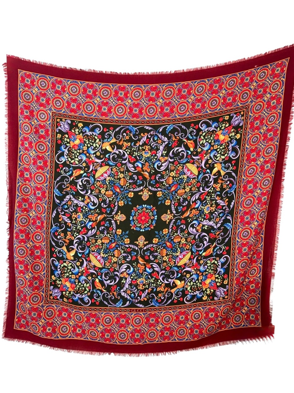 Gucci Vintage Wool & Silk Scarf w/Bird & Floral Motif